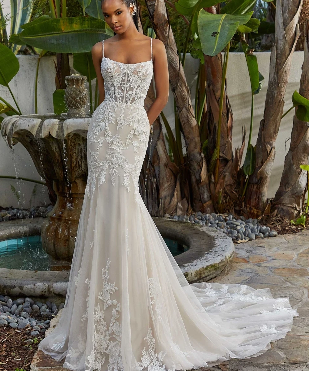

Lorencia Sexy Mermaid Spaghetti Wedding Dress 2023 Modern Lace Appliques Beading Bride Gowns For Women Vestidos De Novia YMW96