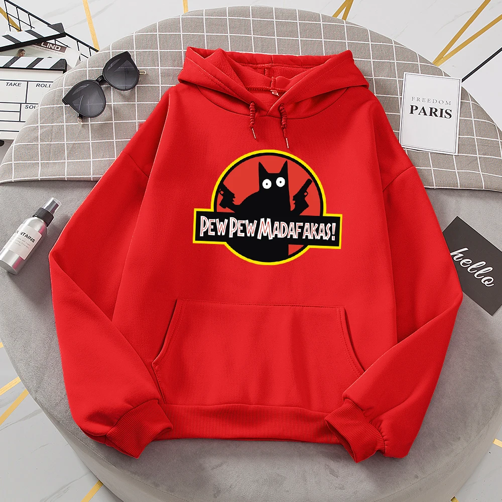 Pew Pew Madafakas Black Cat With Two Guns Tracksuit Women O-Neck Warm Hoodie Casual Daily Sweatshirts Fashion All Match Hooded