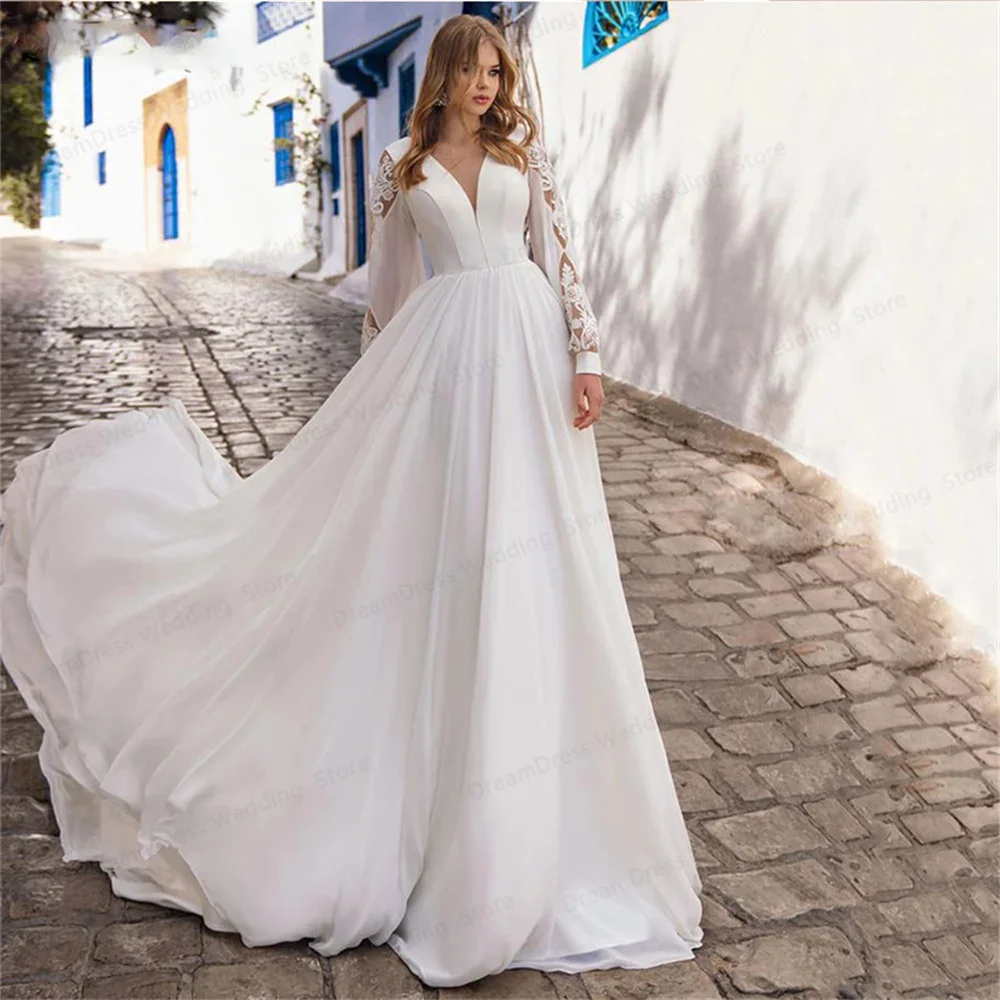 V-Neck Long Sleeve Bridal Trailing Wedding Dresses for Bridesmaid Party Banquet Vacation Prom Cocktail Evening Gowns