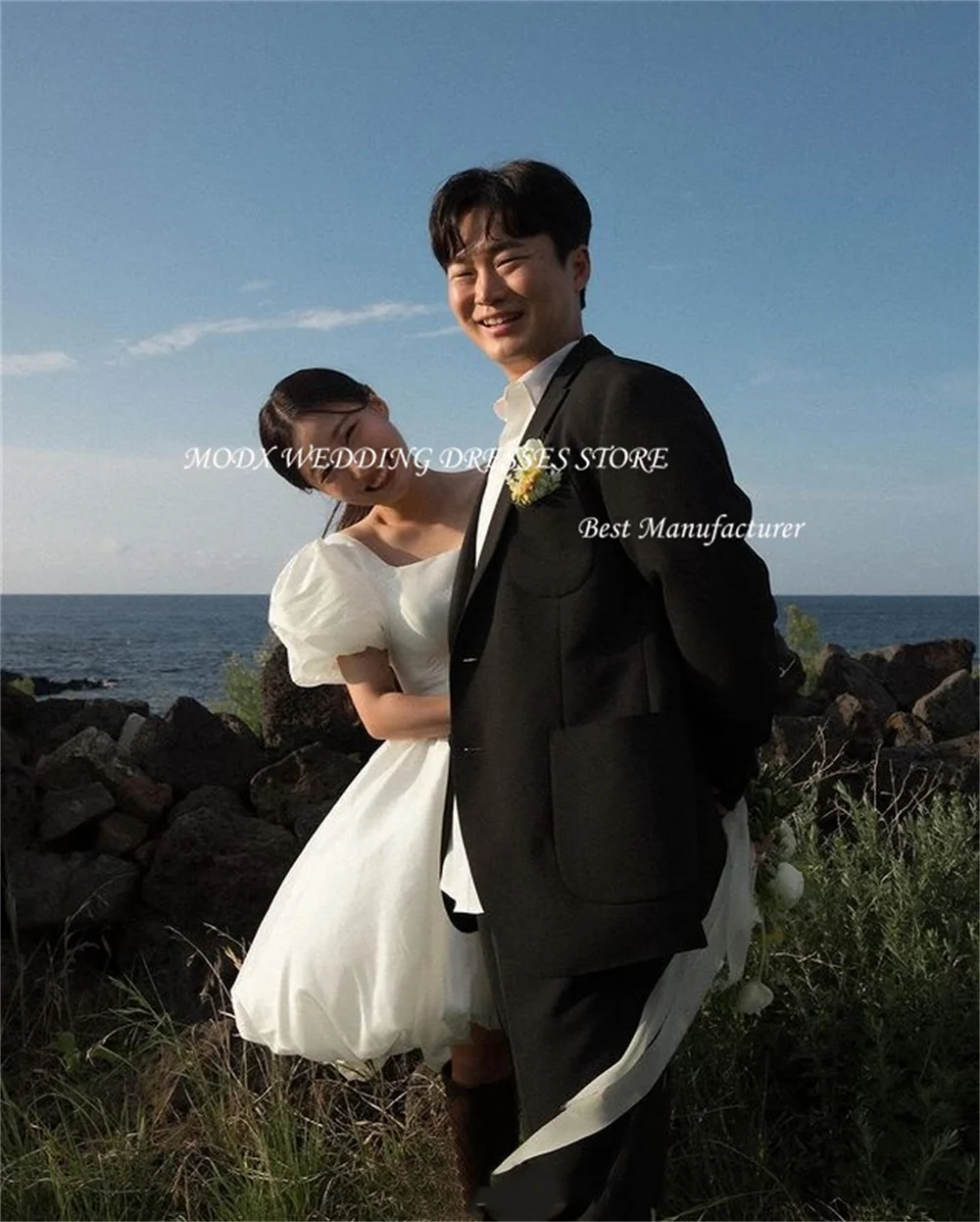 MODX Simple Short Wedding Dresses Korea Photo shoot Square Collar Taffeta Pleat Back Lace up Bridal Gowns Formal Party Dress