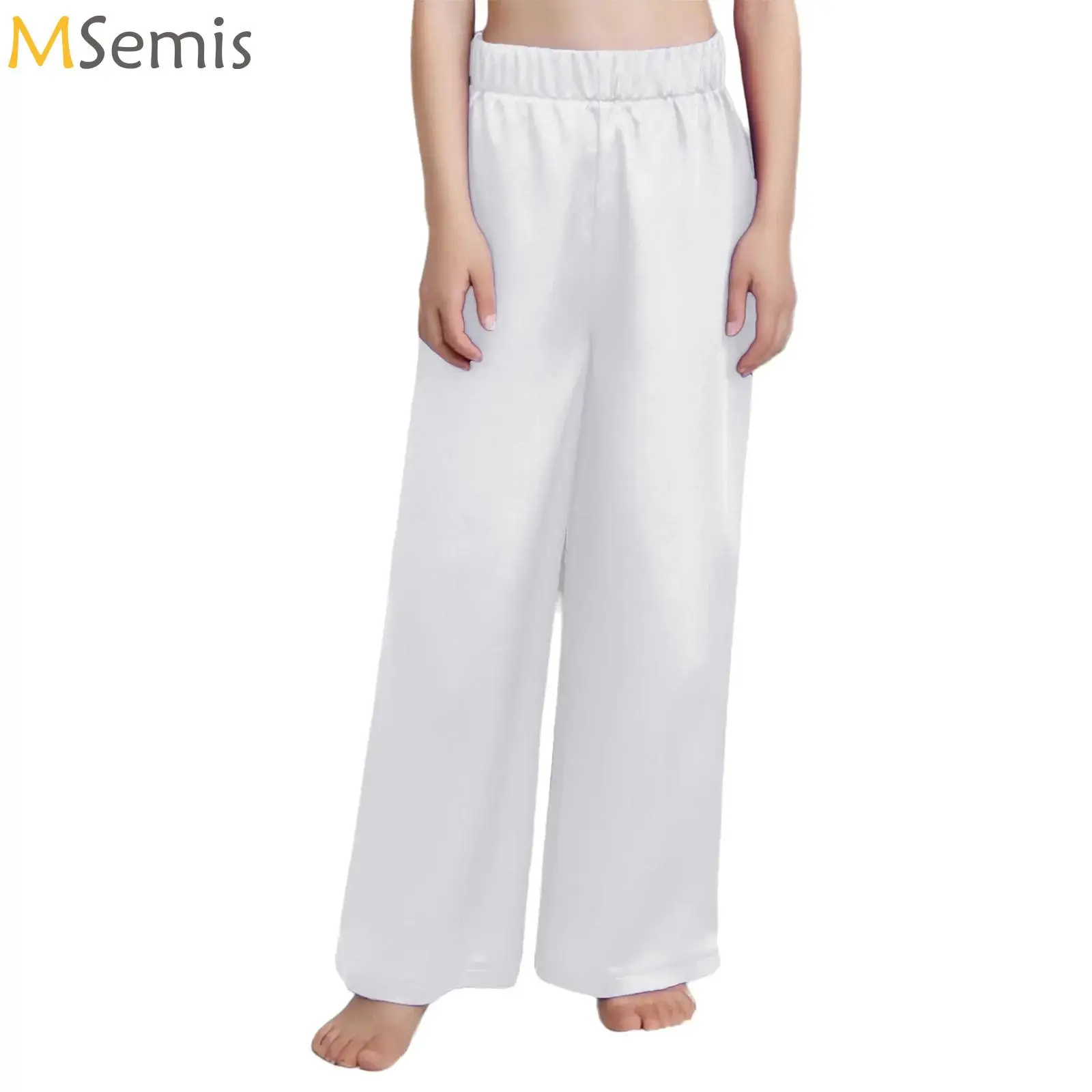 

Lyrical Satin Wide Leg Pants Kids Girls Modern Ballet Dance Elastic Waist Contemporary Palazzo Trousers Classical Dance Costumes