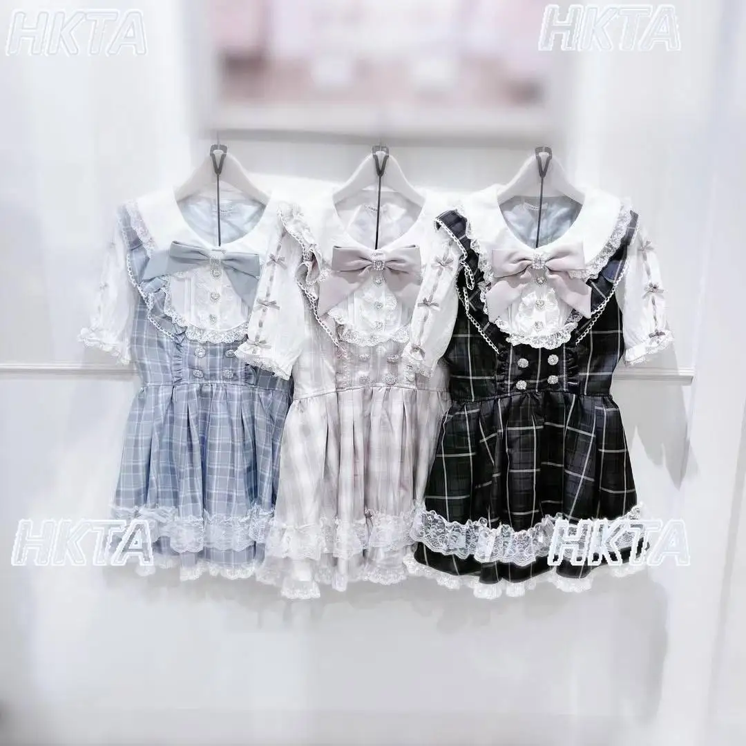 Japanese Style Doll Collar Plaid Bow Dress and Shorts Set 2026 Summer New Cute Short Sleeve Plaid Dress 2-piece Set Women Outfit view 2