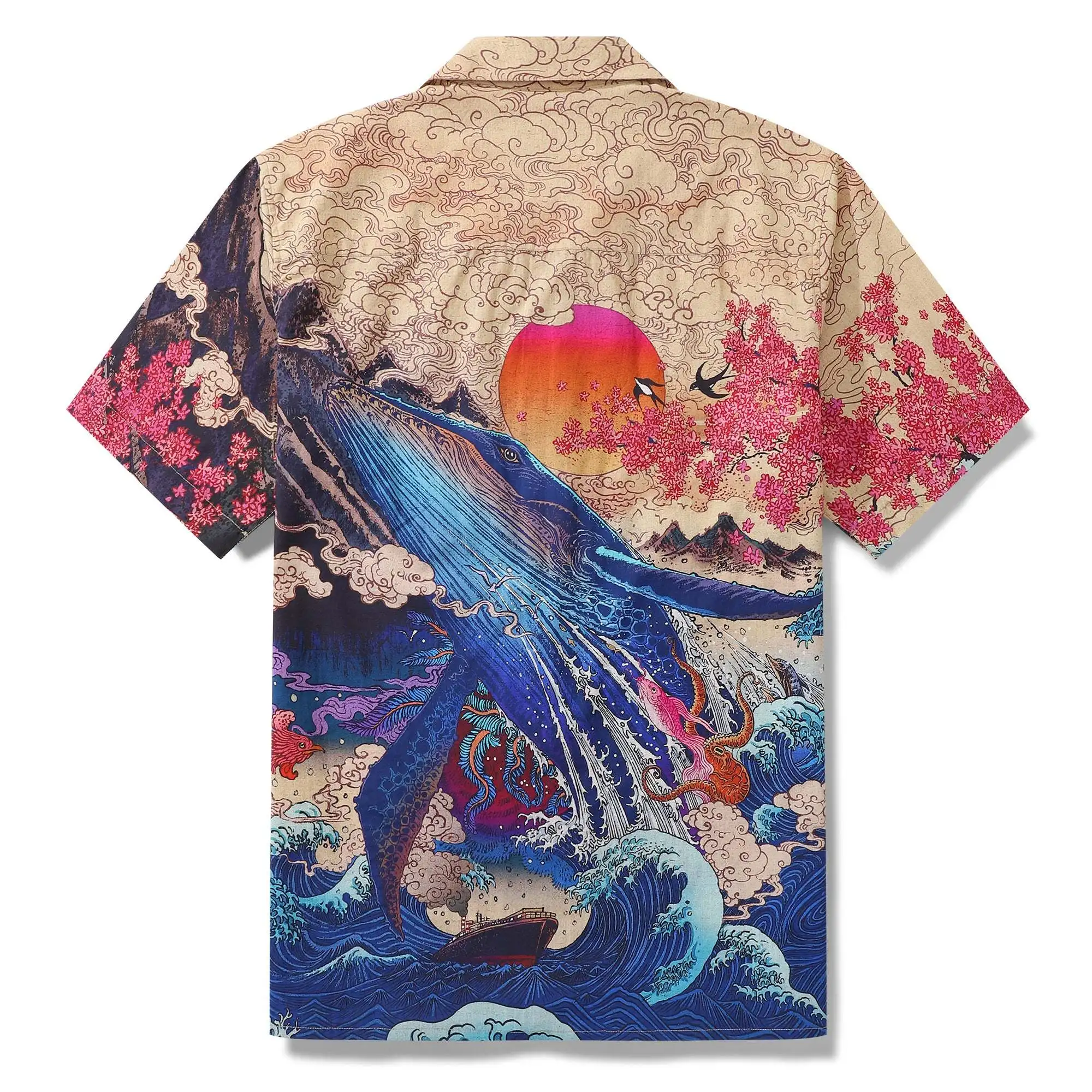 Men Vintage Japanese Giant Whale Print Short Sleeve Shirt Cherry Blossom Sea Wave Loose Fit Summer Daily Casual Button Up Shirt