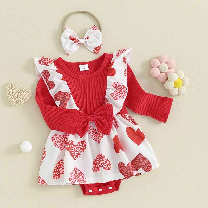 

Suefunskry Infant Baby Girls Valentine's Day Romper Dress Heart Letter Print Long Sleeve Ruffled Jumpsuit + Bow Headband Set