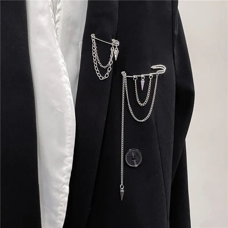 Punk Pendant Double Pin Clip Chain Brooch Japan Korea For Men Women Street Ins Long Metal Chest Chain Brooch Trendy Accessories