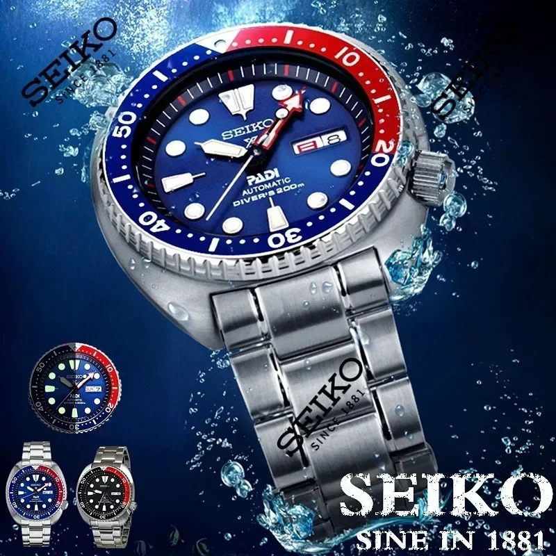 ساعة Seiko للرجال PADI SRPE99 Water Ghost أوتوماتيكية ميكانيكية ساعة غوص بحزام فضي وإطار أزرق وأحمر