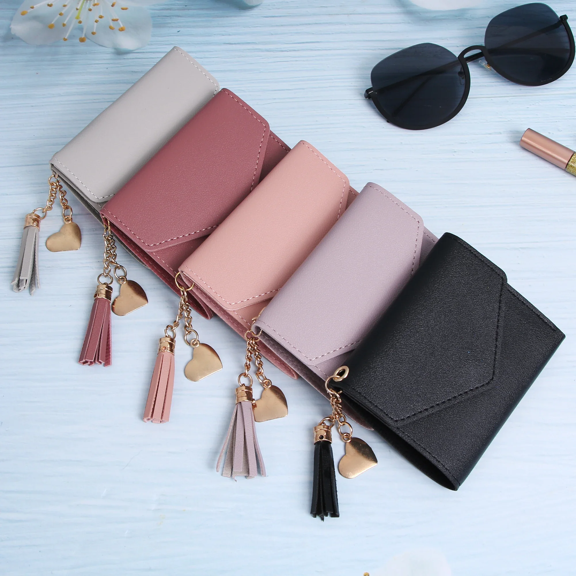 

Short Women'S Wallet Tassel Pendant Coin Purse Mini Portable Lady Leather Folding Envelope Card Holder Money Bag Girls Gift