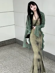 New Chinese Style Halo Dyeing Slim Fit Camisole Dresses+ Y2k Ruffles Long Sleeve Green Cardigan Spring  Two Piece Sets