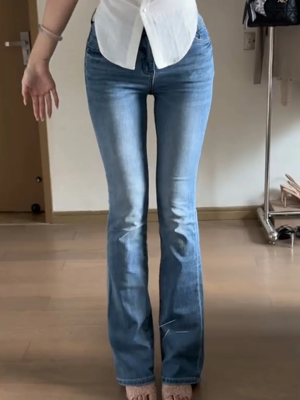 American Style Sexy Left Lingzi Soft Elastic Hip Enhancing mid Waist Flared Jeans Slimming Butt Lifting Wide Leg Pants