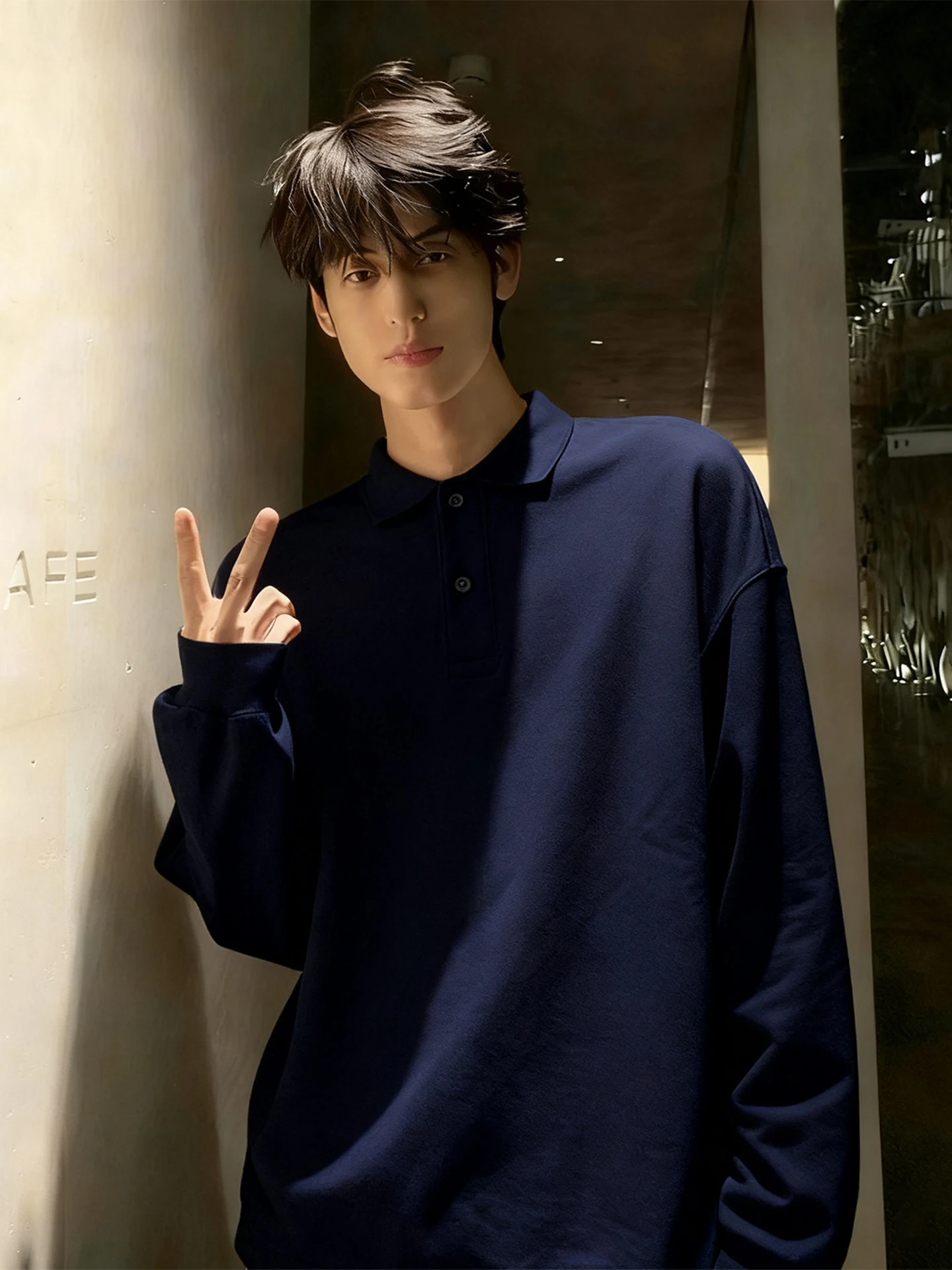 Dark Blue American Style  Shirt Men's Heavyweight Flip Collar Sweatshirt Handsome Long Sleeve T-Shirt Base Layer Shirt