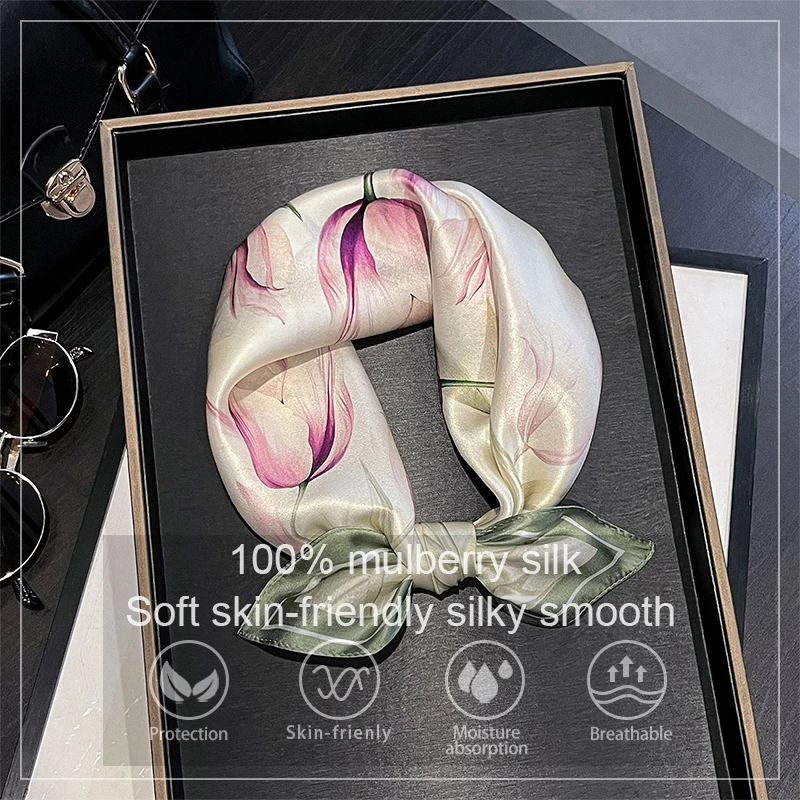 

Роскошный шарф из 100% натурального шелка для женщин, весенний, с цветочным узором тюльпанов, бандана, шаль, платок из тутового шелка, женский платок-каре, 53 см