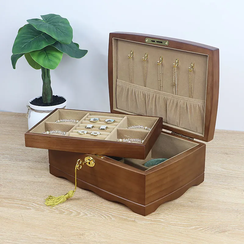 

Wooden Jewelry Box with Lock Key For Women Natural Wood Lockable Antique Girls Organizer Boxes Built in Necklace