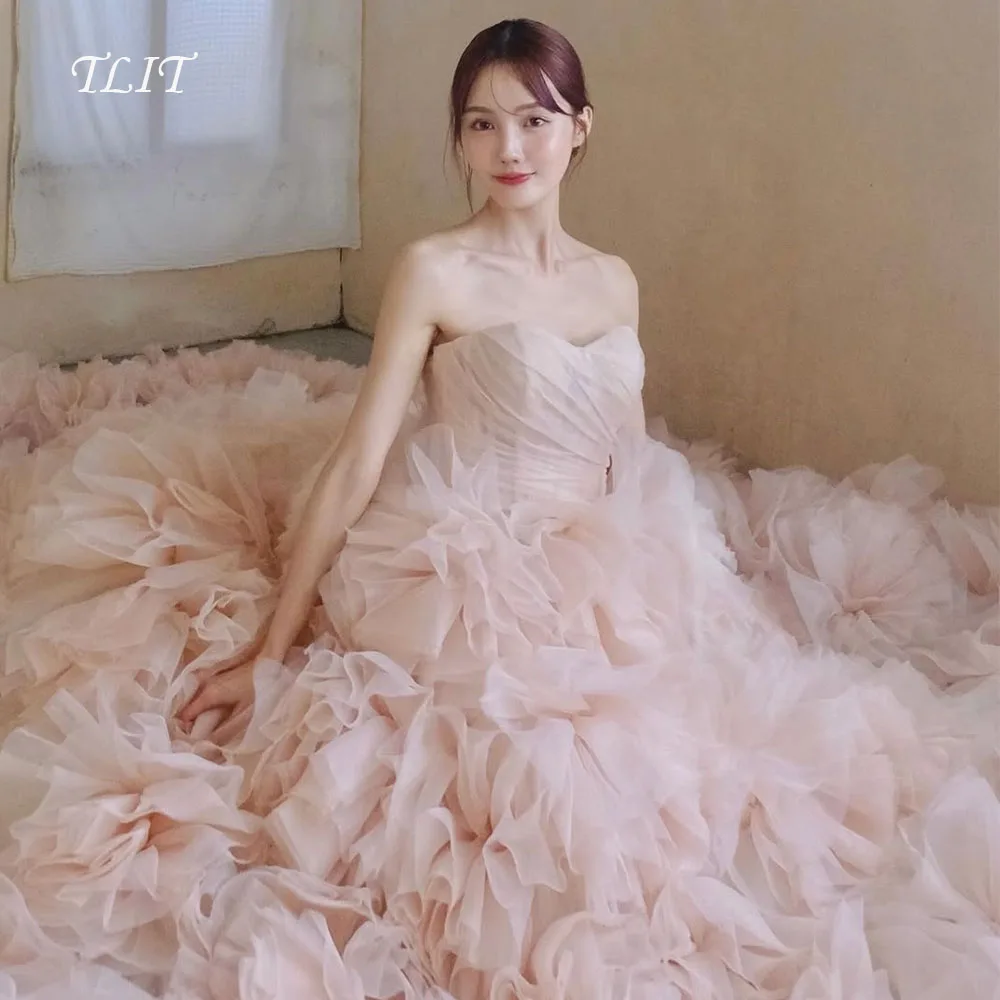 TLIT Lovely Pink Tiered Tulle Evening Dress이브닝 드레스 Korea Wedding Dresses Photo Shoot Pleats Strapless Prom Gown Customized