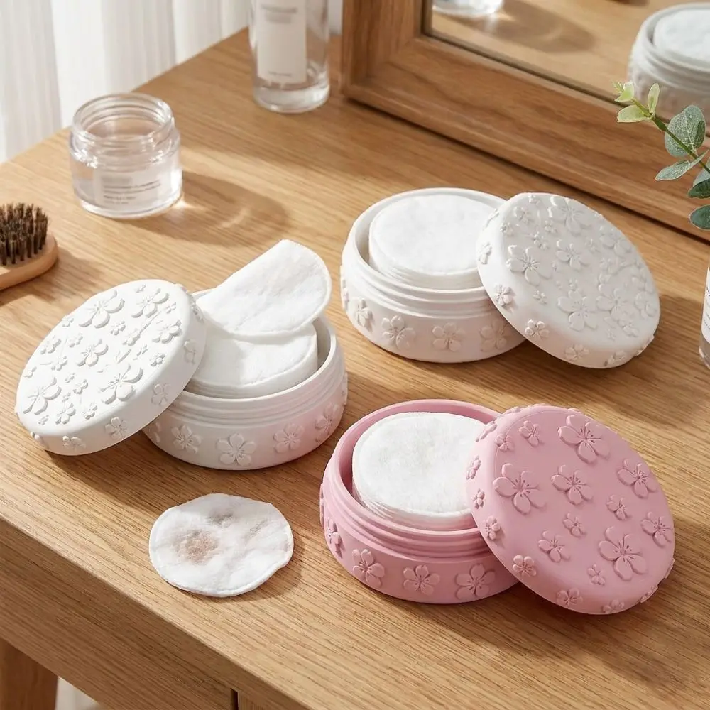 3D Printed Makeup Cotton Storage Box Dust-Proof Embossed Cherry Beauty Storage Jar Round Sealed Waterproof Cotton Pad Container