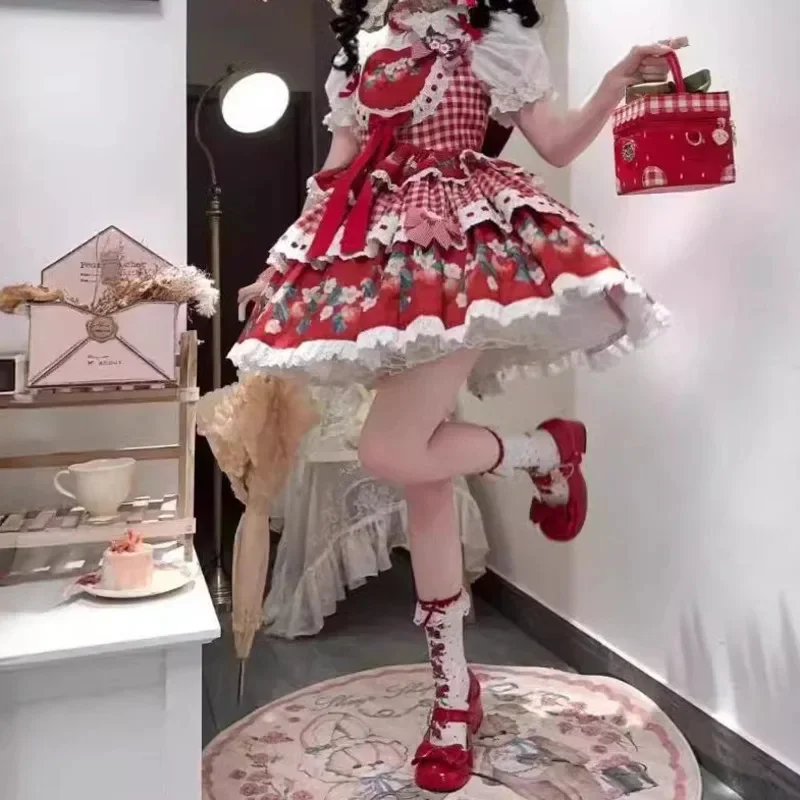 Bow Lolita Strawberry Puff Skirt Summer Retro Countryside Girl Cute Montage Street Square Collar Waist Short Skirt Stylish 2025