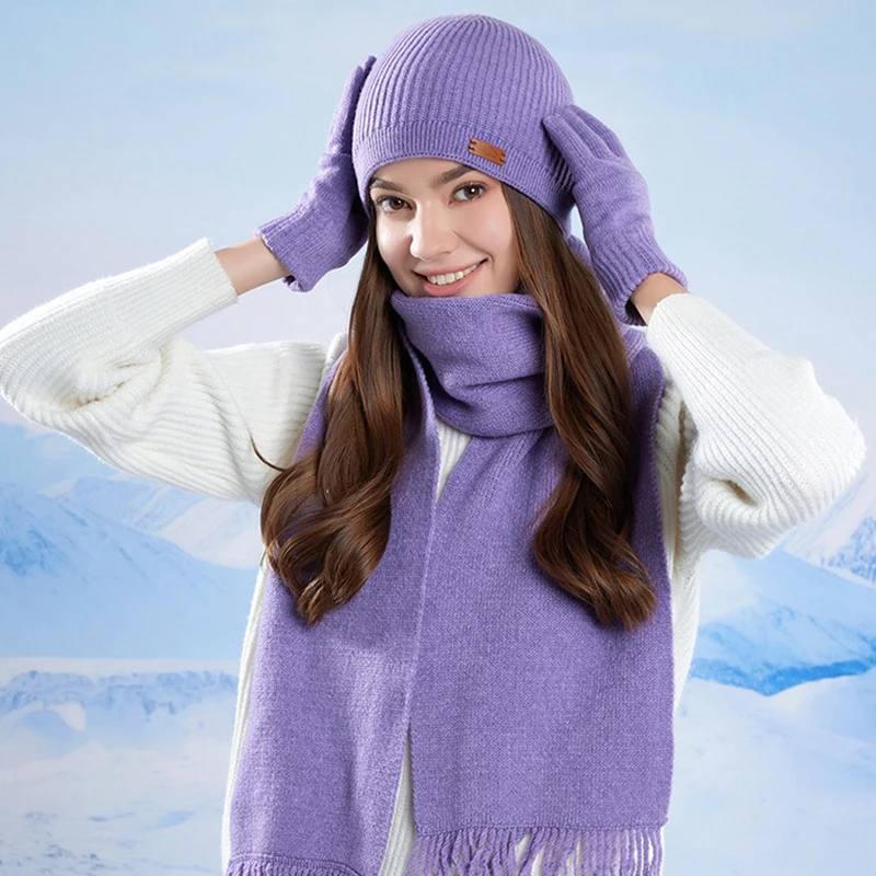 Frauen halten warme Strickmütze Set Winter winddicht weibliche Skullies Mützen dicke Hüte Skimütze mit Quastenschal und Handschuhen