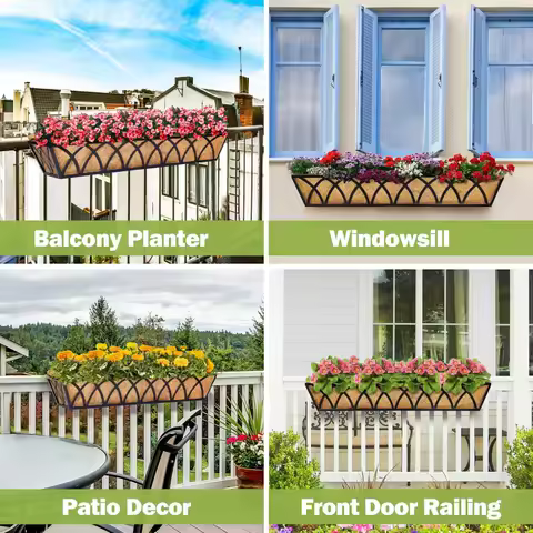 30 Inch Window Deck with Coco Liner, Fence Metal Hanging Flower Planter Window Basket Deck Railing Planter Boxes