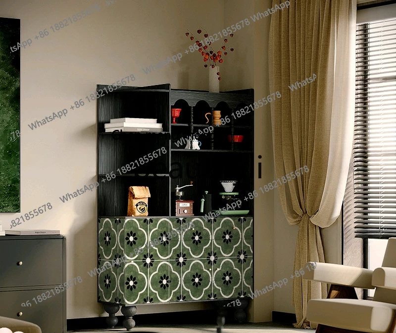 French green begonia flower dining side cabinet, solid wood storage, restaurant water bar decoration integrated storage cabinet