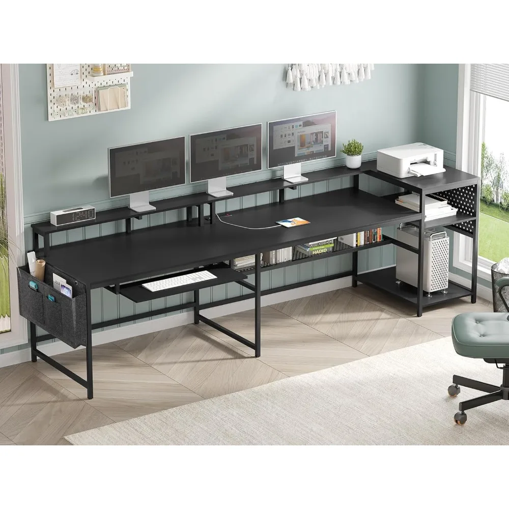 

L Shaped Gaming Desk, Reversible Computer Desk with Power Outlets & LED Strip, Monitor Shelf & Keyboard Tray for Gamers & Worksp