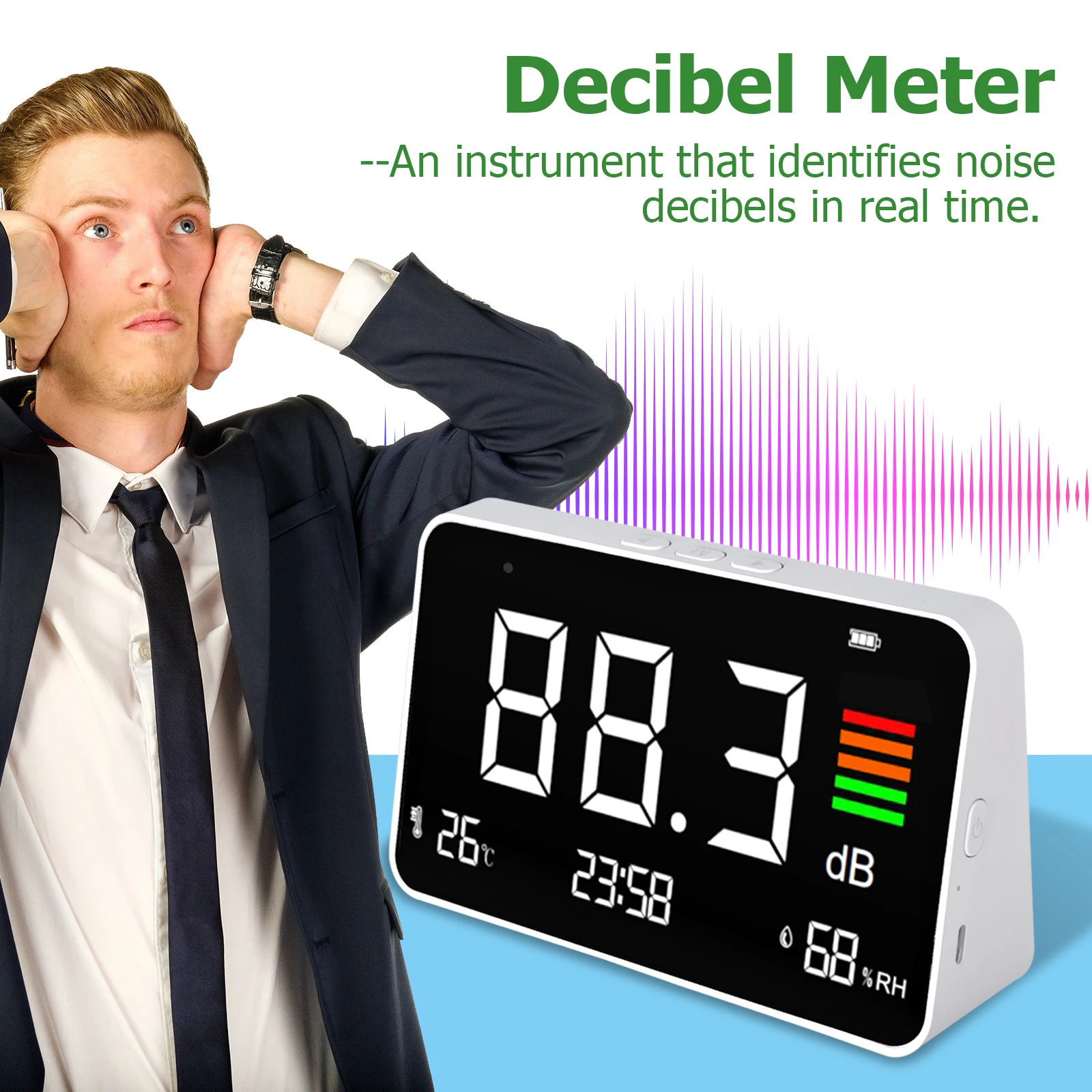 

Digital Sound Level Meter 30-130 dB with Temperature & Humidity Sensor Rechargeable 2000mAh Battery Type-C Portable Noise Tester