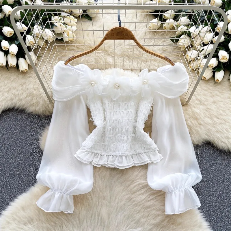 

2026 French Sweet Long-sleeved Blouse Women's Summer Shirt Expose-shoulders Sexy Slash-neck Chic Tops Elastic-chest Short Shirts