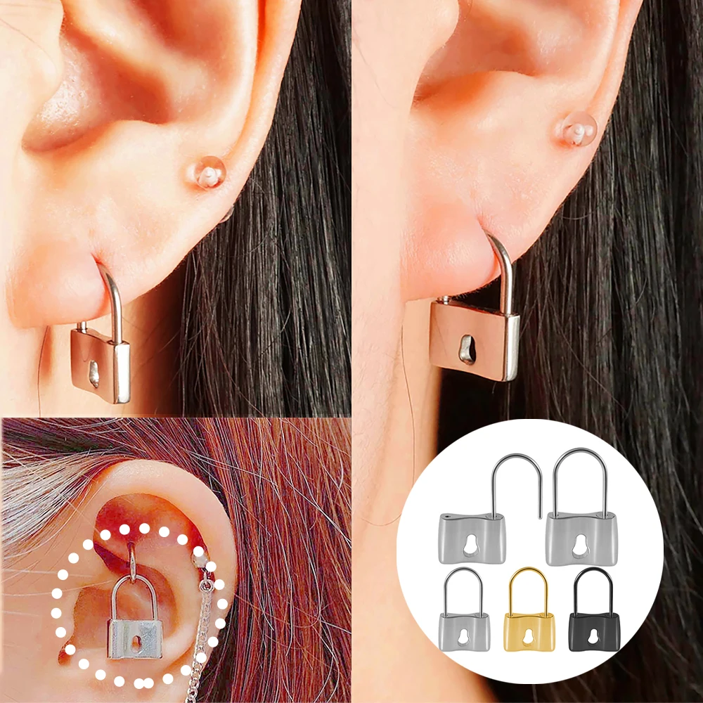 1PC Surgical Steel Creative Personalized Punk Lock Shape Earring Earlobe Ear Weight Hangers Piercing Jewelry for Women Men Gift