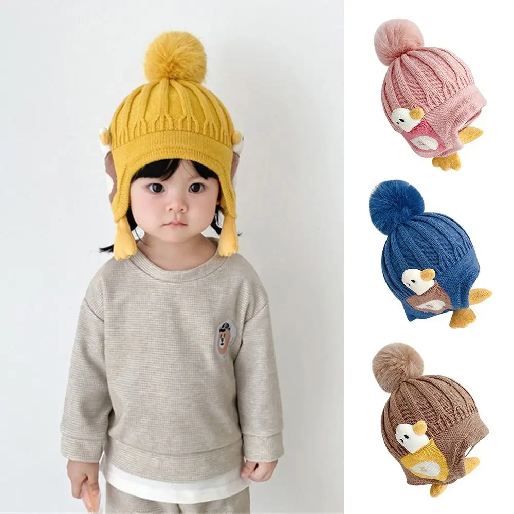 

Cute Cartoon Duck Knitted Pompom Hat Thickened Windproof Beanies Cap Keep Warm Ear Protection Cap for Kids