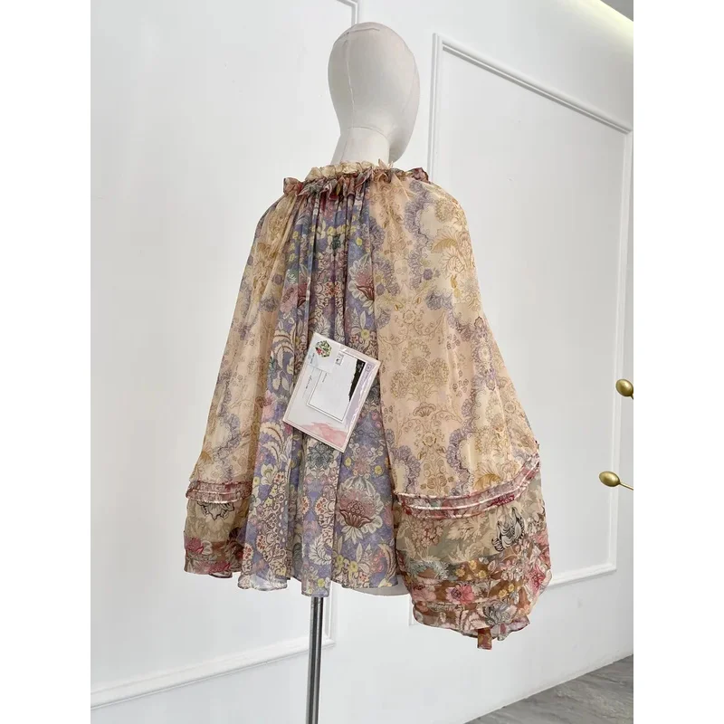 2025 신상 패션 브라운 바이올렛 플로럴 프린트 긴팔 블라우스 탑