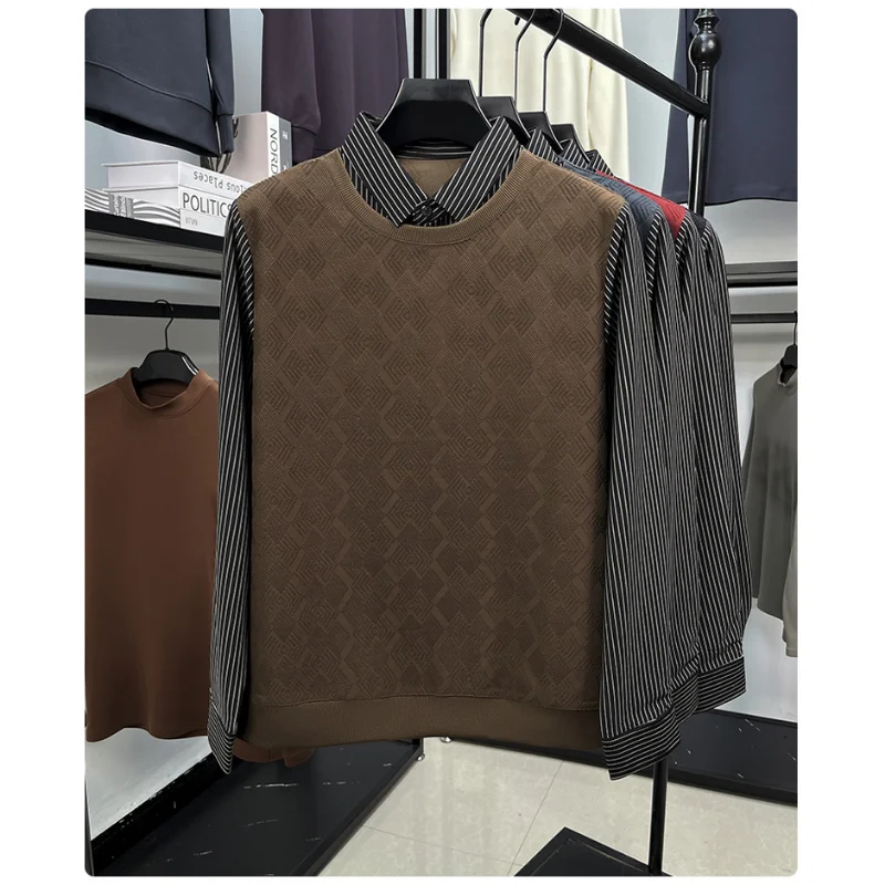 

Men's Jacquard Round Neck Fake Two-Piece Pullover Fall Winter New Korean Style Collared Knit Base Layer