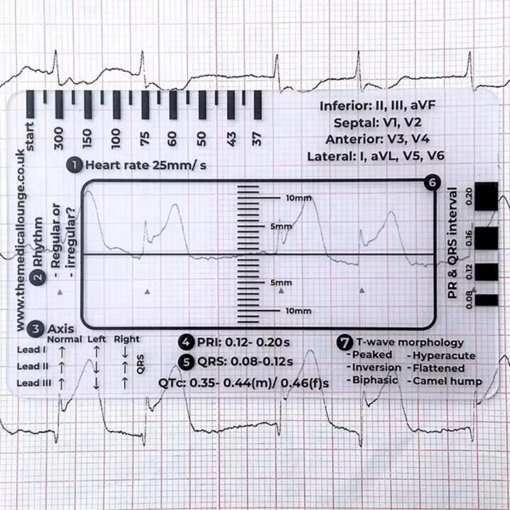 Interpretación ECG Tarjeta de regla de 7 pasos Bolsillo portátil con funda protectora ECG EKG Pinzas Herramienta de emergencia Herramienta de medida