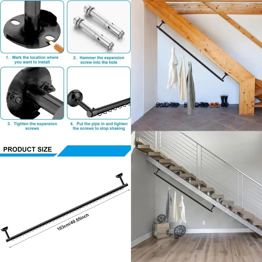 Varilla de armario colgante ajustable para techos inclinados: soporte de pared, ideal para almacenamiento de ático y debajo de las escaleras (negro)