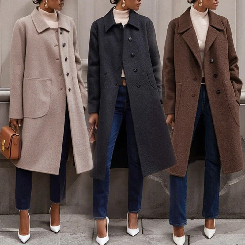 

Casual Long Sleeve Solid Color Pocket Overcoat Elegant OL Commute Style Coat Women Fashion Lapel Button Thick Mid Length Jacket