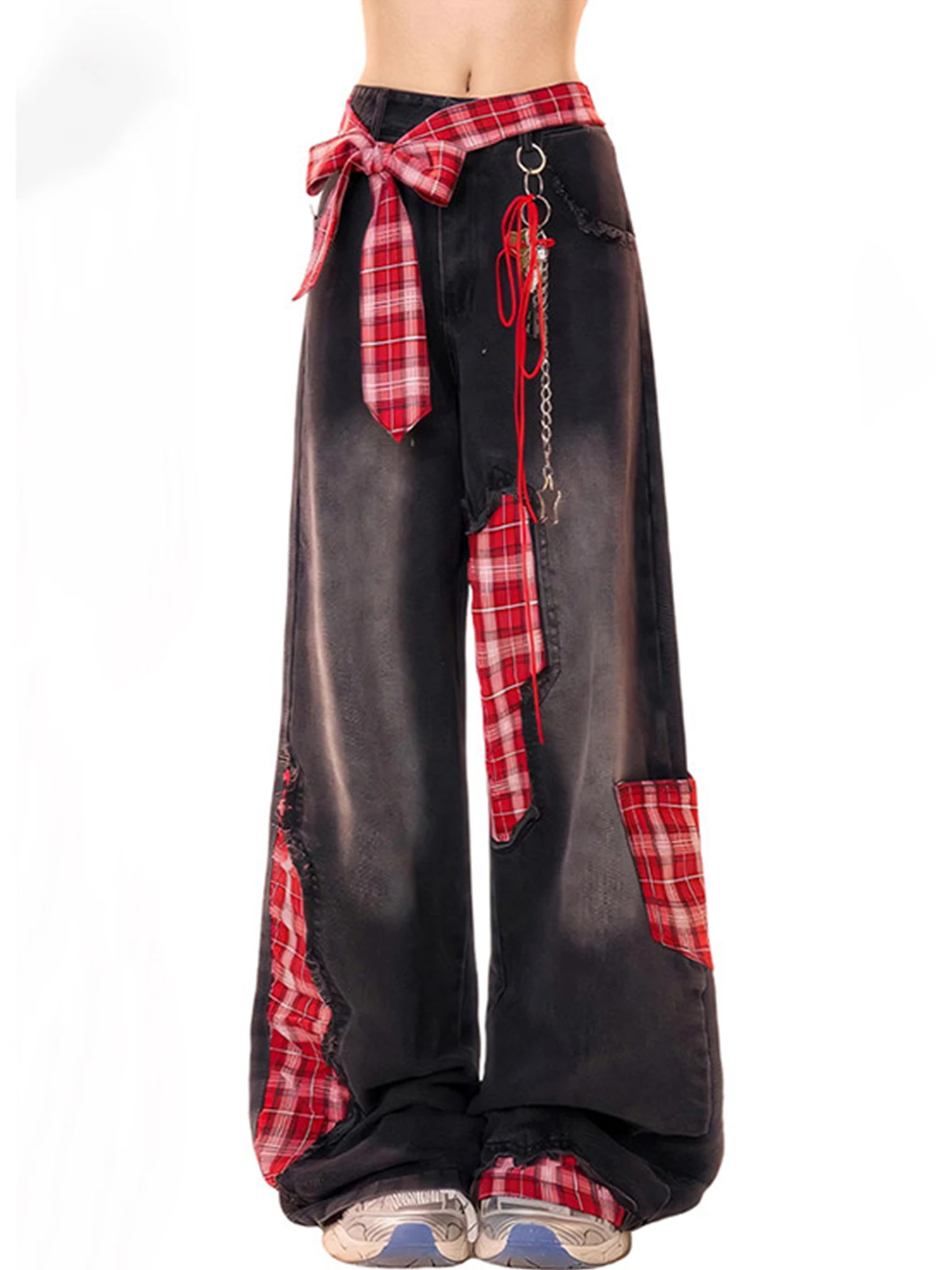Women Black Gothic Emo Y2k Wide Jeans Red Plaid Patchwork Jean Pants Vintage Harajuku Baggy Grunge Denim Trousers Clothes 2026