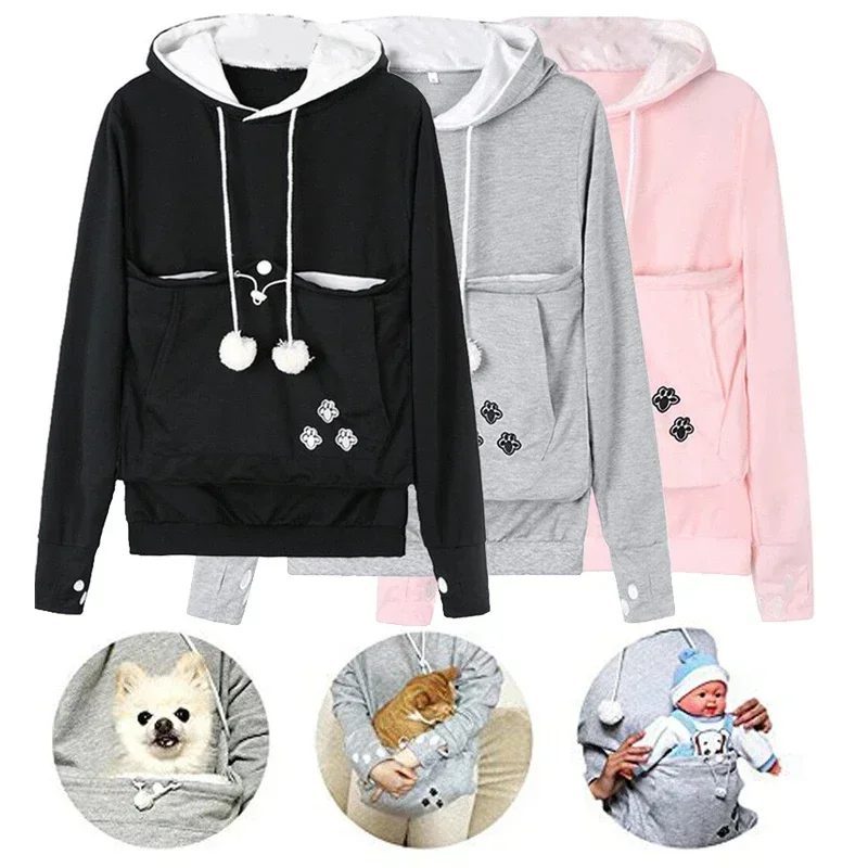 Women\'s Pullover Sweater Cute Cat and Dog Printed Big Pocket Sweater Outdoor Pet Bag Long Sleeve Hooded Loose Sweater