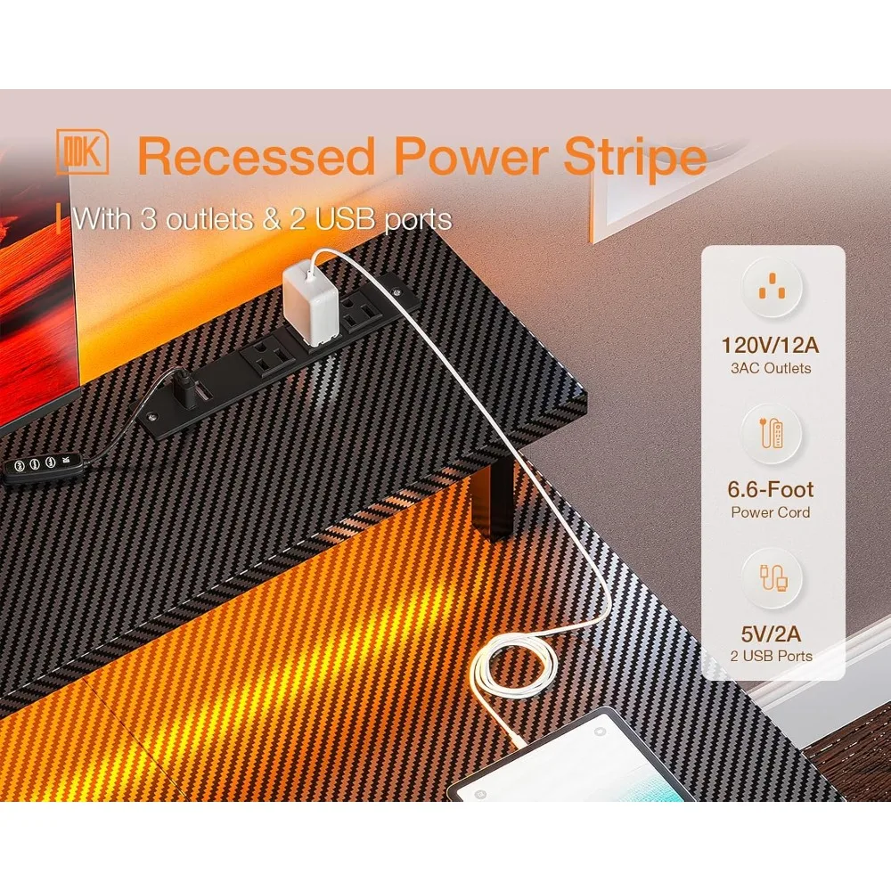 مكتب ألعاب مقاس 48 بوصة مزود بمصابيح LED ومنافذ طاقة، ومكتب كمبيوتر مع حامل شاشة وأرفف تخزين، وحامل وحدة المعالجة المركزية،