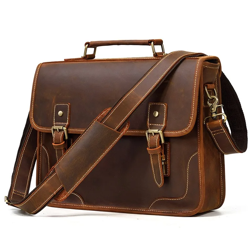 

Nesitu High Quality A4 Vintage Brown Genuine Crazy Horse Leather Men Executive Office Briefcase Portfolio Messenger Bag M1028