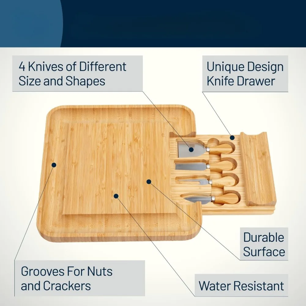 Bamboo Cheese Board and Knife Set with Slide-Out Cutlery Drawer - Charcuterie Boards Set & Cheese Platter