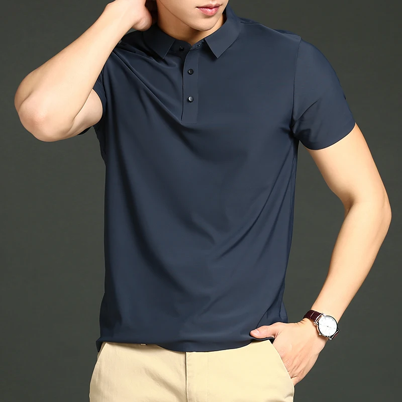 Golf Massief Ijs Zijde Traceless Zijde Losse Poloshirt Korte Mouw T-Shirt Heren Elastische Ijzeren Dunne Polo Hals Licht Luxe