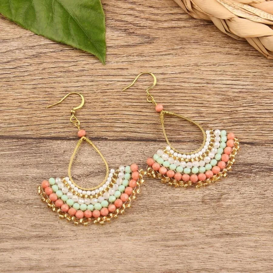 

2pcs Set Bohemian Fan-Shaped Earrings For Women Handwoven Natural Stone Drop Earrings, Geometric, Summer Beach Jewelry, Copper