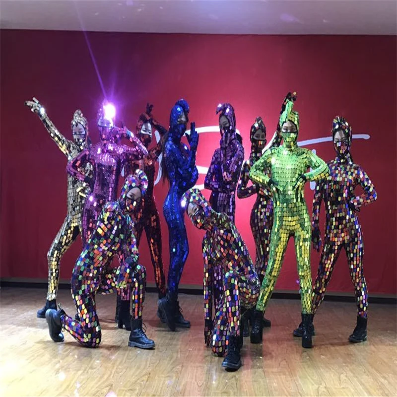 

Mirror Bodysuit Bar performance outfits full color mirror costumes ballroom dance stage dress model wears dj Mosaic clothes