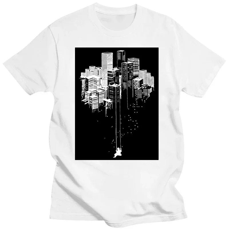 Urban City Playground Banksy Graffiti Swing Men's T-SHIRT skyscraper tee Cool Casual pride t shirt men Unisex New Male fashion