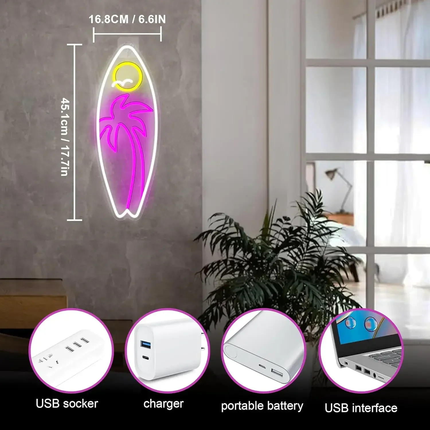 ปากการูปหัวใจกระดานโต้คลื่นต้นปาล์มดวงอาทิตย์ LED หรี่แสงได้ปากการูปหัวใจชายหาดที่ขับเคลื่อนด้วย USB ของตกแต่งสำหรับมนุษย์ถ้ำฤดูร้อนร้านอาหารบาร์คลับ