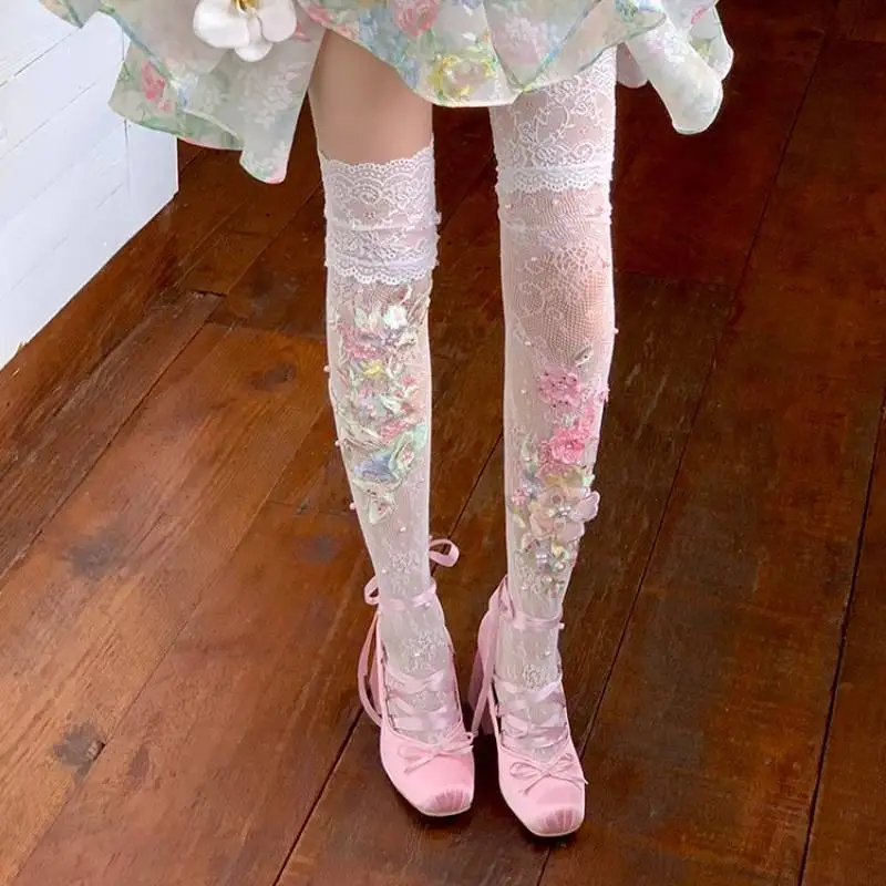 Sweet Lolita Sheer Mesh Thigh High Socks 3D Flower Embroidery Pearl Decoration Lace Trim Fairy Aesthetic Long Socks For Girls