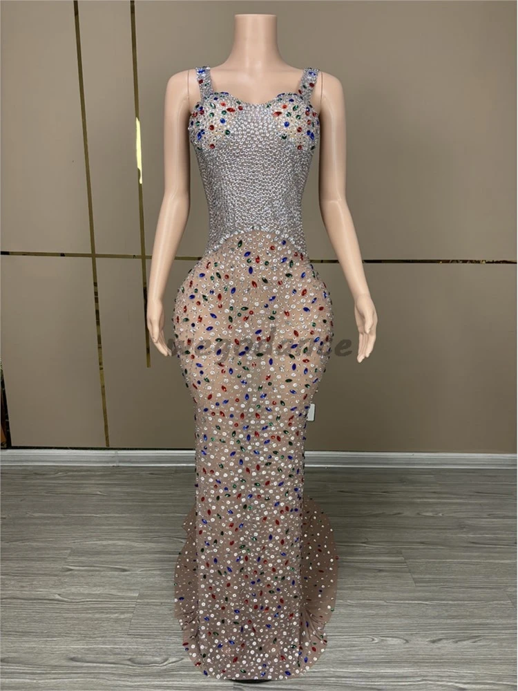 New Sexy Sparkly Rhinestones Mesh See Through Evening Birthday Party Dresses For Women