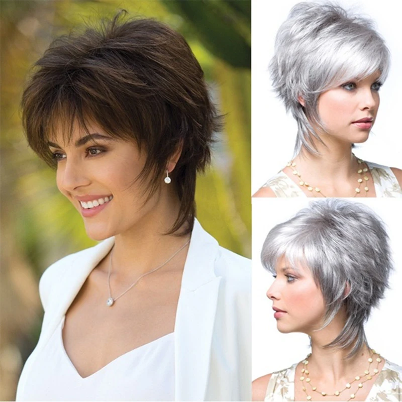 Womens Fashion Party Casual Synthetic Wigs Natural Grey & Brown Short Hair Fluffy Curly Wavy Wig Mommy Head Wigs