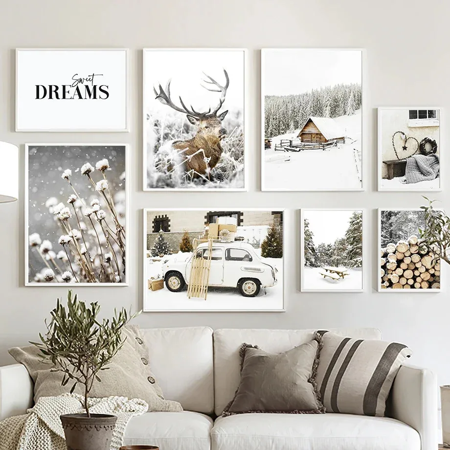 Winter Wood House Deer Squirrel Dandelion Posters And Prints Canvas Painting Wall Art Pictures Living Room Home Decoration