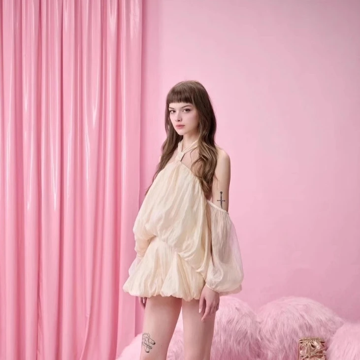 Sommer Neckholder Lace-up Mesh rückenfreies kurzes Kleid Mode einfarbig Langarm Urlaub Kleider Promi Club Party Outfits