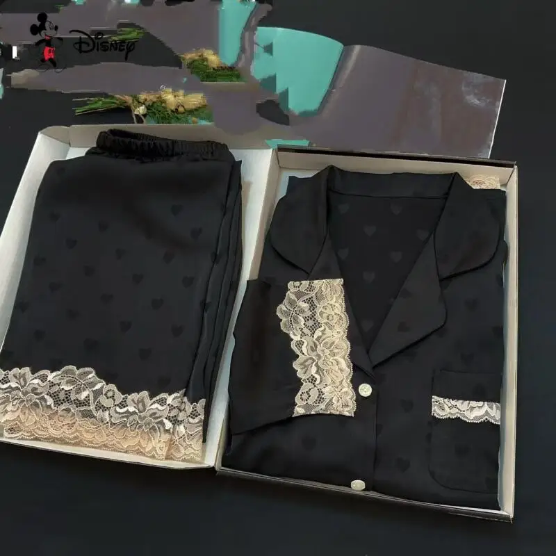 Mädchen New Love Jacquard Eisseide Langarm-Pyjama-Set Kawaii Damen High-End-Cardigan Spitzenhose Home Wear Zweiteiliges Set