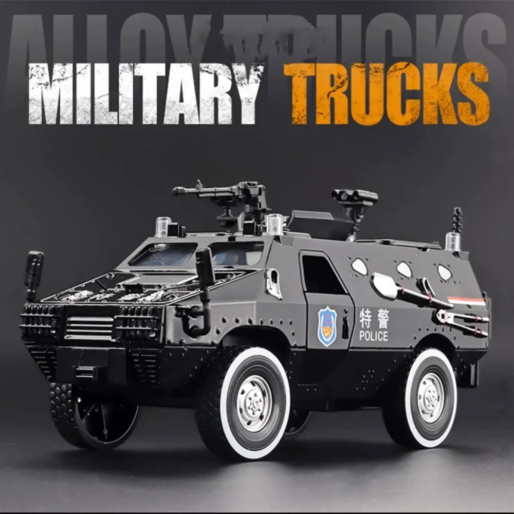 

1:24 Scale Riot Armored Car Model Toy Alloy Military Off-road Vehicle 7 Doors Opened Police Carriage Models Music Light Gifts