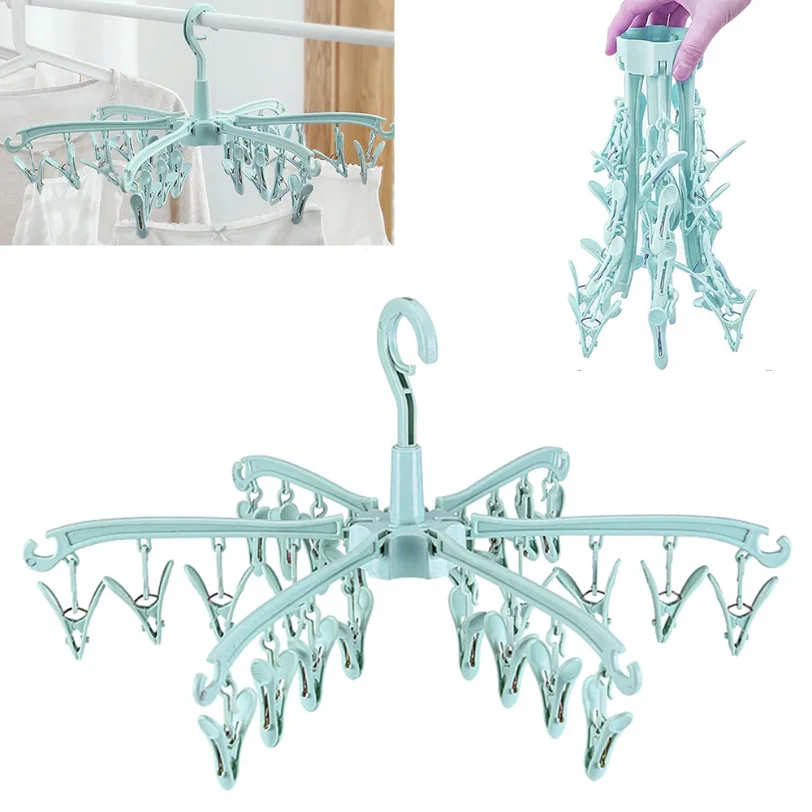 

20 Clips Folding Clothes Dryer Rotatable Hanger Windproof Socks Underwear Drying Rack Home Storage Laundry Rack New Dropshipping
